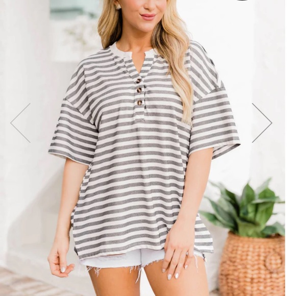 Pink Lily IT CAN HAPPEN CHARCOAL STRIPED HENLEY TEE - Picture 2 of 4